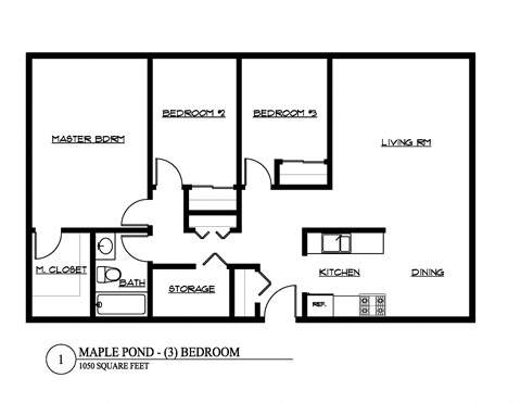 Floor plan for 3 beds, 1 bath, 1050 sqft